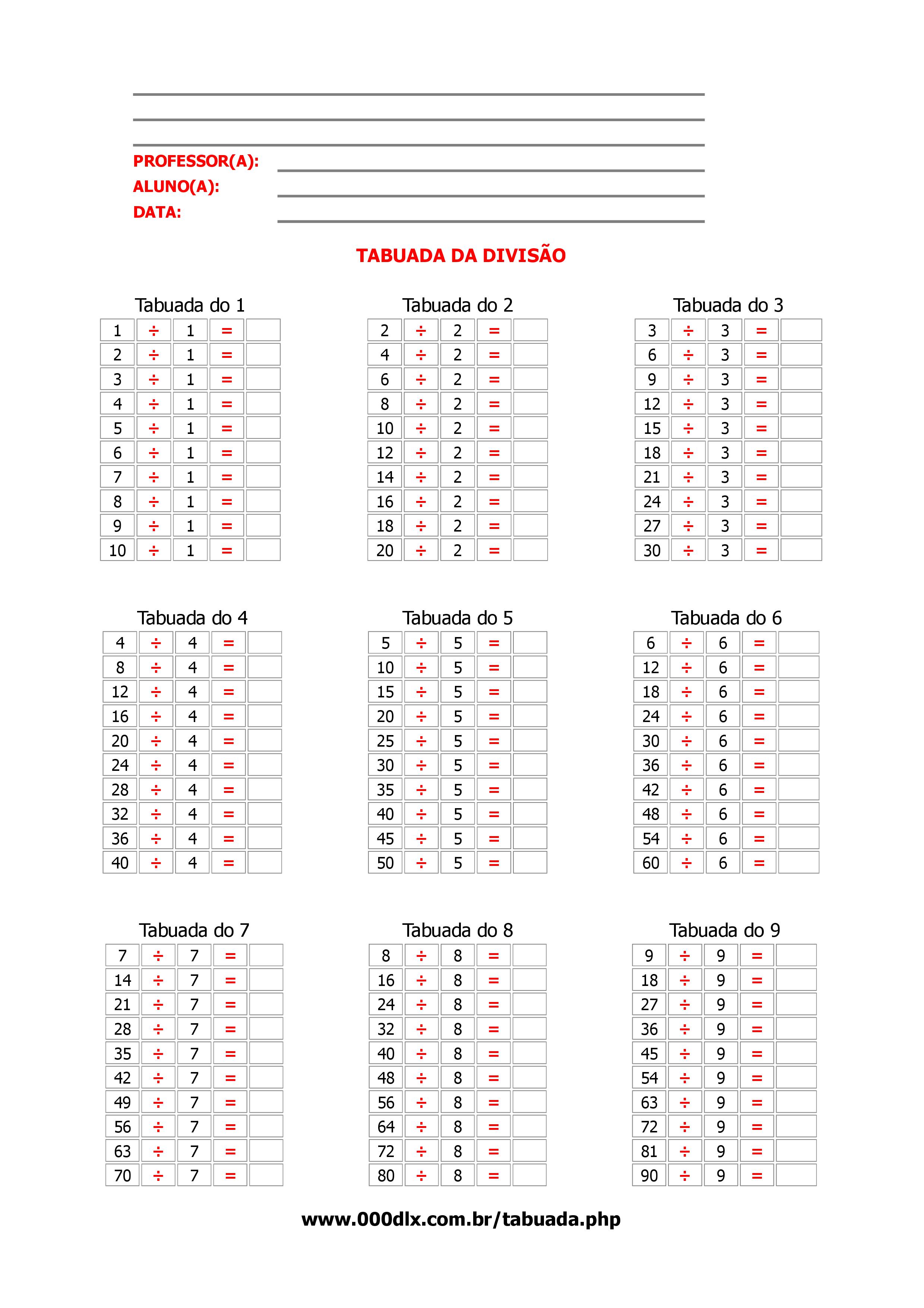 Tabuada para Completar Da Divisão PDF - Formato A4