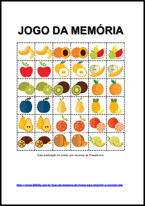 Jogo da mem&oacute;ria de frutas para imprimir e recortar (em cores)