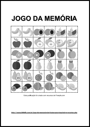 Jogo da mem&oacute;ria de frutas para imprimir e recortar (preto e branco)