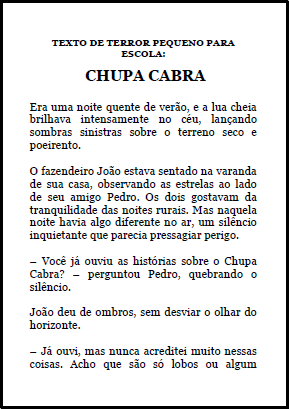 Texto de terror pequeno para escola: Chupa Cabra (letra grande)