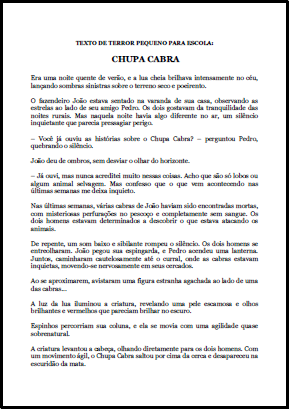 Texto de terror pequeno para escola: Chupa Cabra (letra m&eacute;dia)